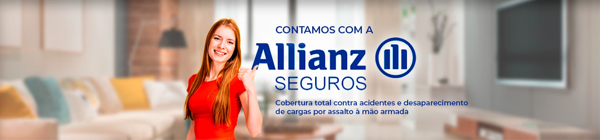 Imagem do seguro utilizado pela Nordeste Mudanças. Uma mulher bem vestida de vermelho, sorrindo.